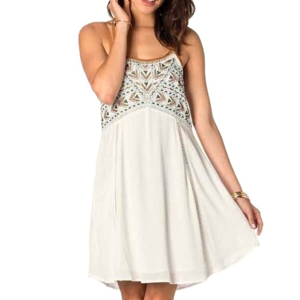 MISS ME boho dress S cream brown blue beaded embroidered EUC Desert Haze